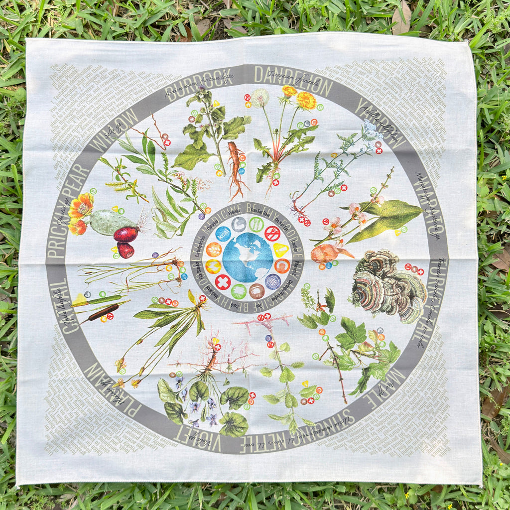 22"x22" 100% cotton bandana showing the 12 most useful plants and fungi for food, medicine, fire-making, and cordage in North America