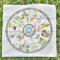 22"x22" 100% cotton bandana showing the 12 most useful plants and fungi for food, medicine, fire-making, and cordage in North America